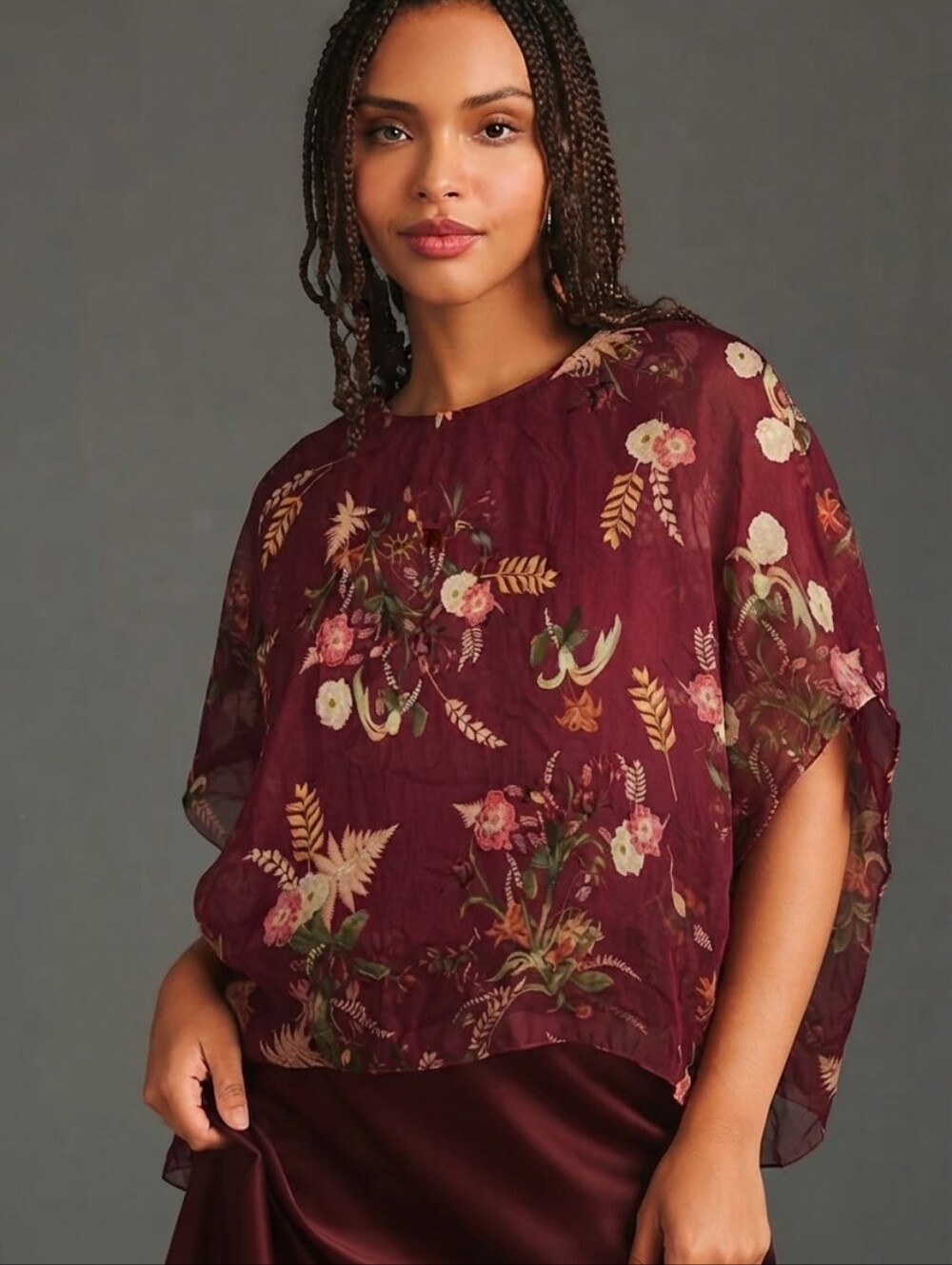 Belle France Italy Silk Blend Floral Batwing Cape Top Burgundy Maroon XL Boho